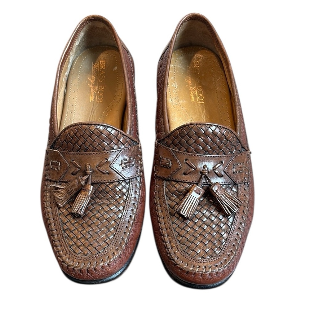 Brass Boot Tassel Loafers Men's 8 Brown Leather Weave Woven Slip On Loafers